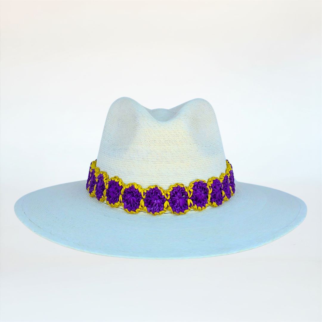 Baldiz Palm Hat with Purple and Gold Raffia Band