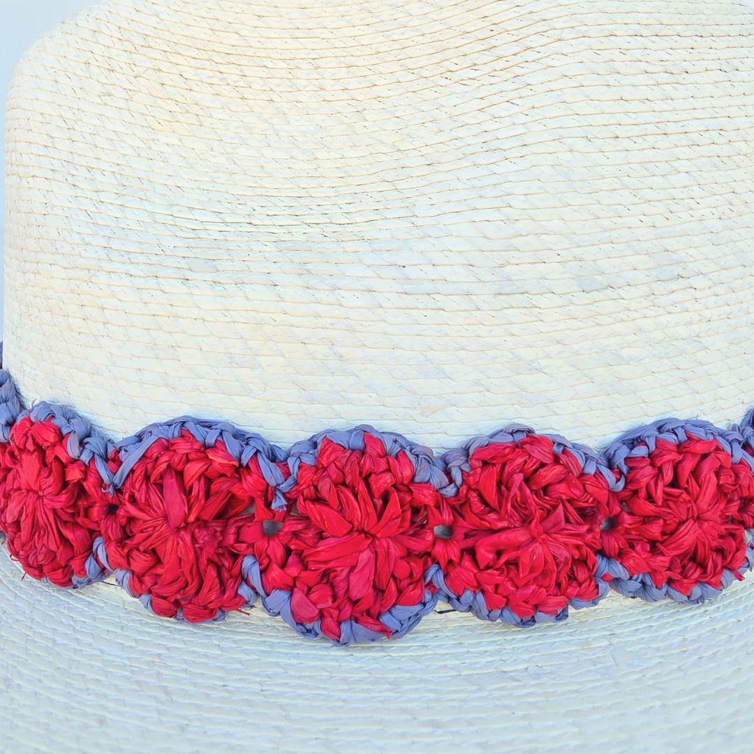 Baldiz Palm Hat with Red and Blue Raffia Band