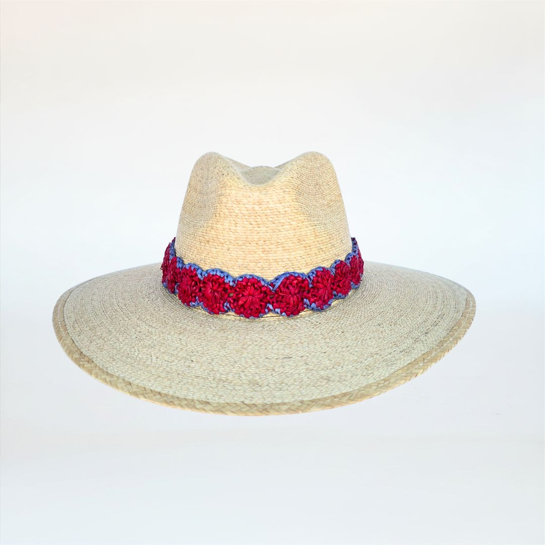Baldiz Palm Hat with Red and Blue Raffia Band