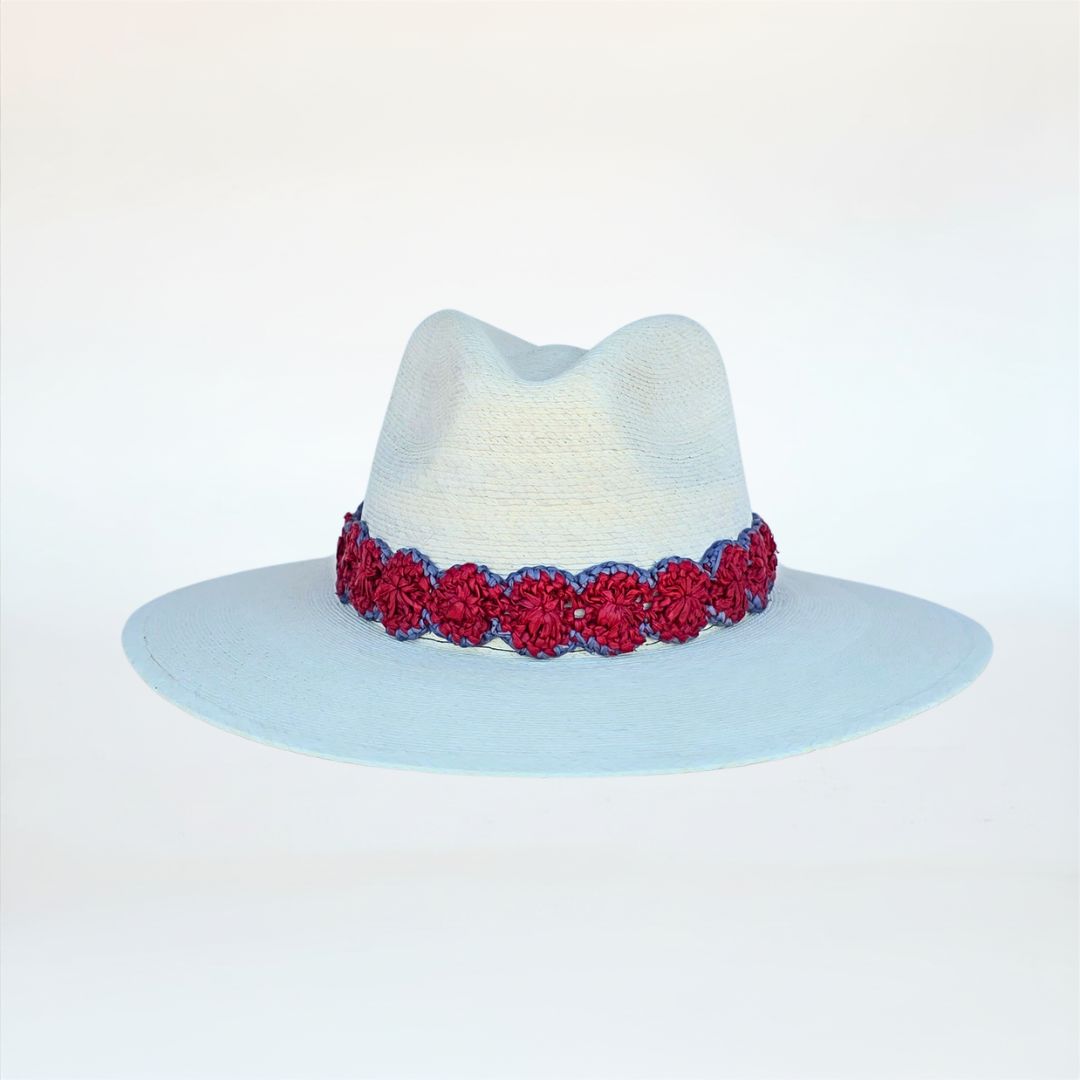 Baldiz Palm Hat with Red and Blue Raffia Band