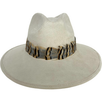 Cream Suede Hat with Grey Striped Feather