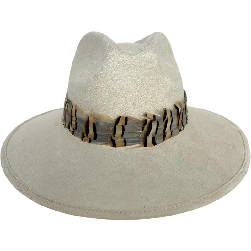 Cream Suede Hat with Grey Striped Feather
