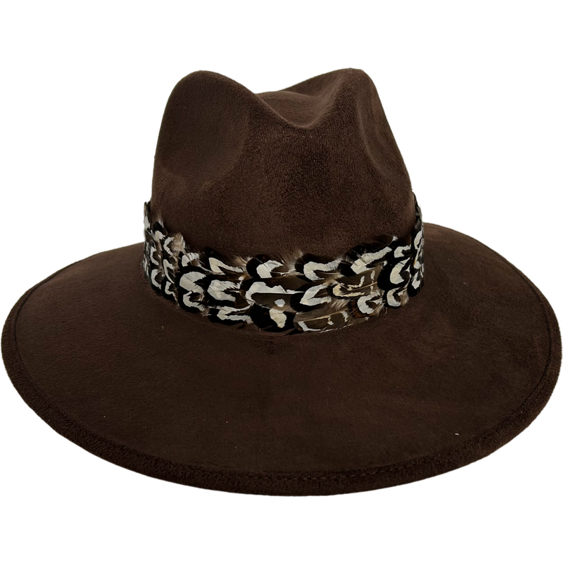 Chocolate Suede Hat with Brown and White Feather