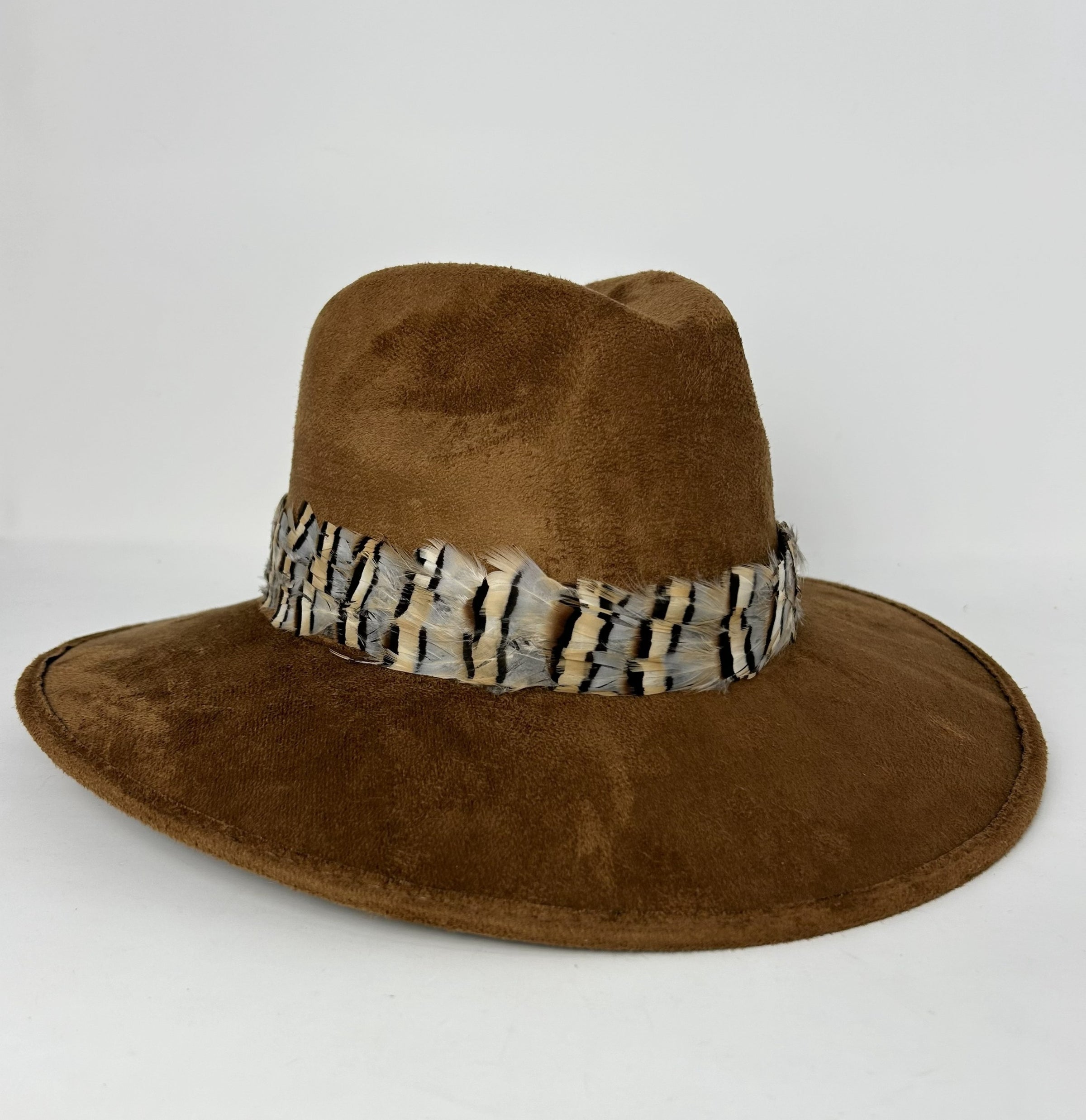 Light Brown Suede Hat with Grey Striped Feather