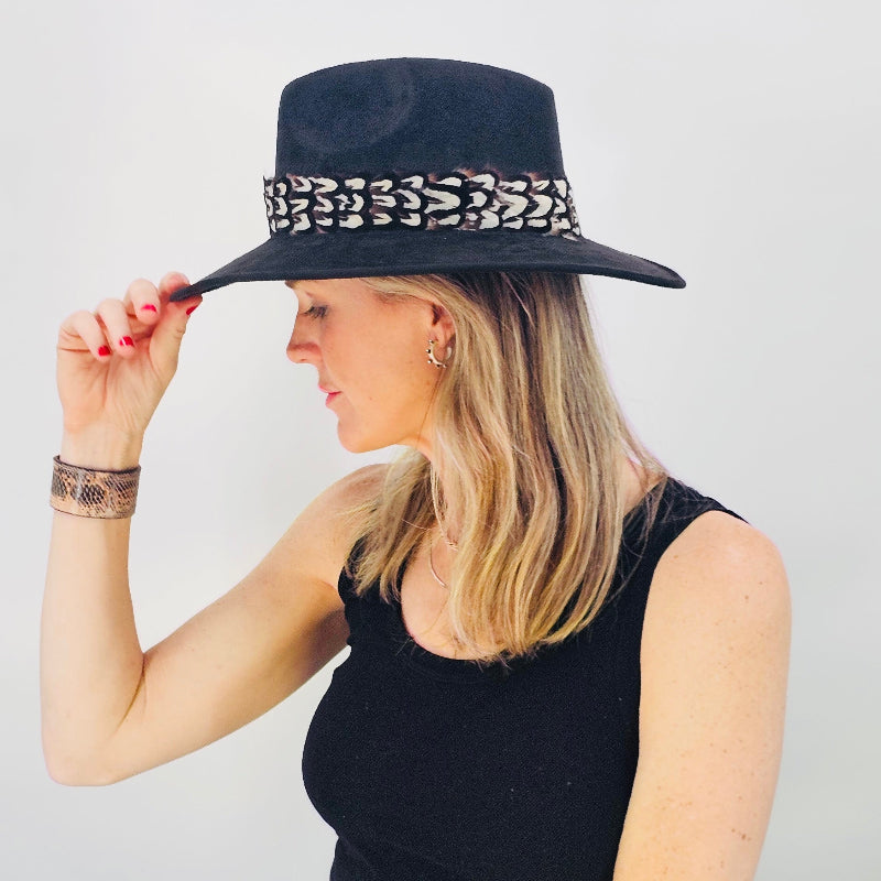 Black Suede Hat with Brown and White Feather