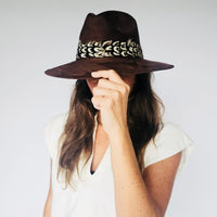 Chocolate Suede Hat with Brown and White Feather