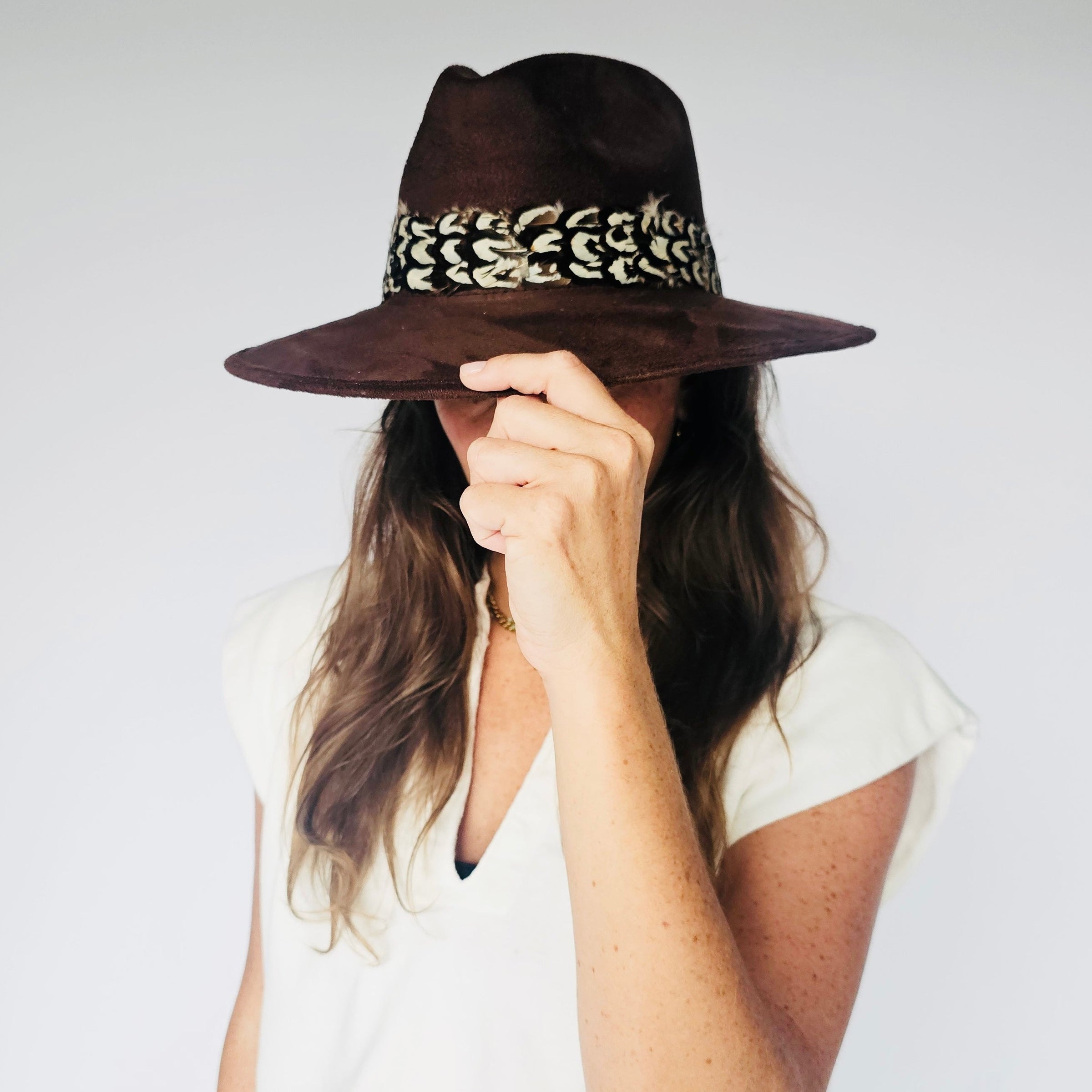 Chocolate Suede Hat with Brown and White Feather