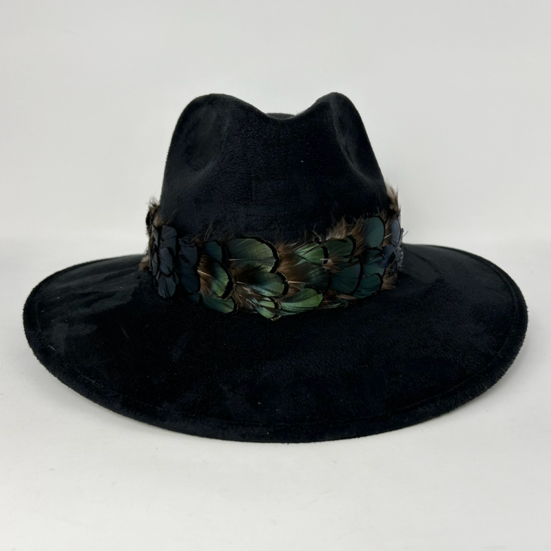 Black Suede Hat with Green Feather