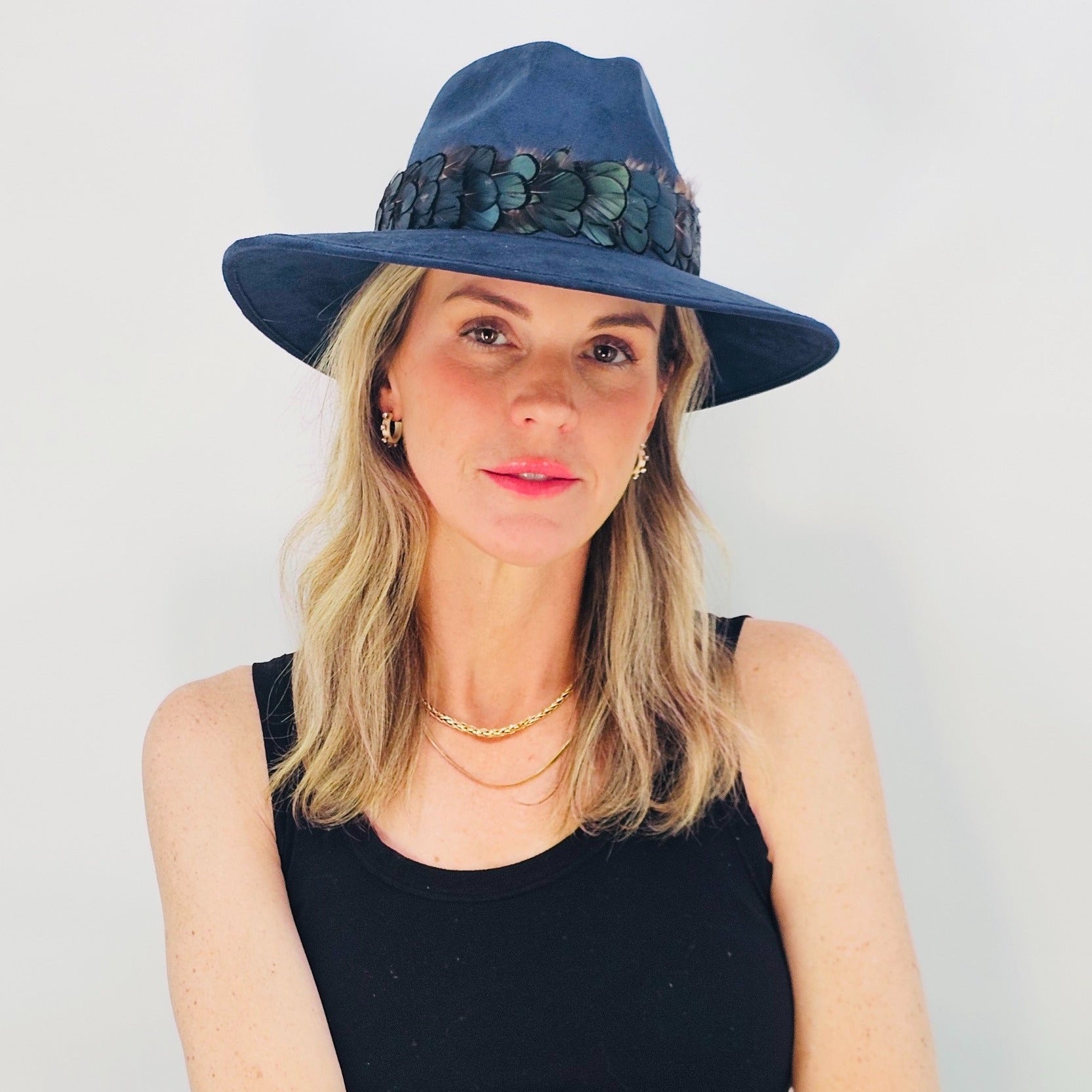 Navy Suede Hat with Green Feather