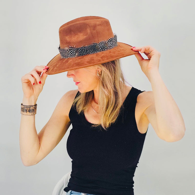 Light Brown Hat with Multi-Color Feather