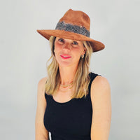 Light Brown Hat with Multi-Color Feather