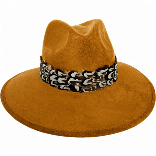 LIght Brown Suede Hat with Brown and White Feather