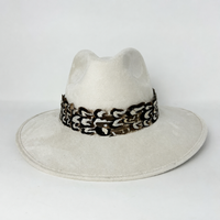 Cream Suede Hat with Brown and White Feather