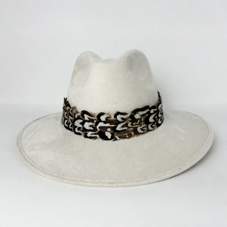 Cream Suede Hat with Brown and White Feather