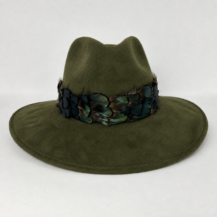 Olive Suede Hat with Green Feather