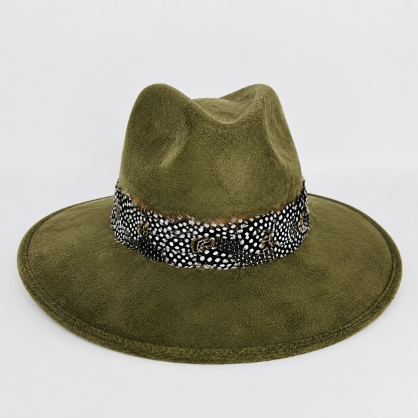 Olive Suede Hat with Multi-Color Feather