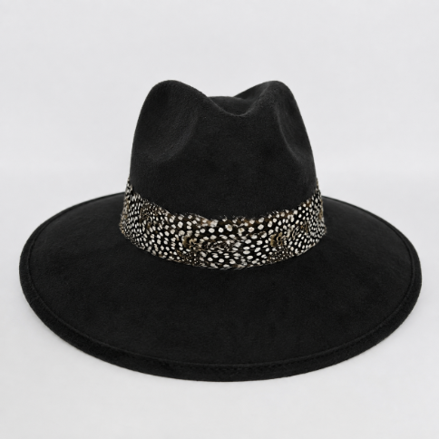 Black Suede Hat with Multi-Color Feather