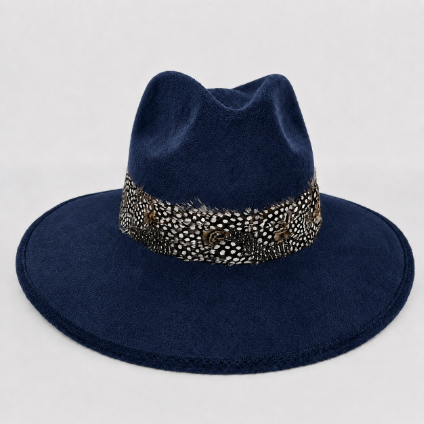 Navy Suede Hat with Multi-Color Feather