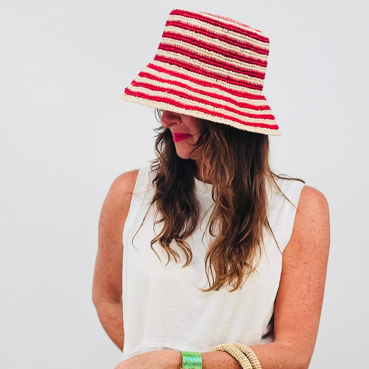 Red and Hay Striped Beau Raffia Bucket Hat