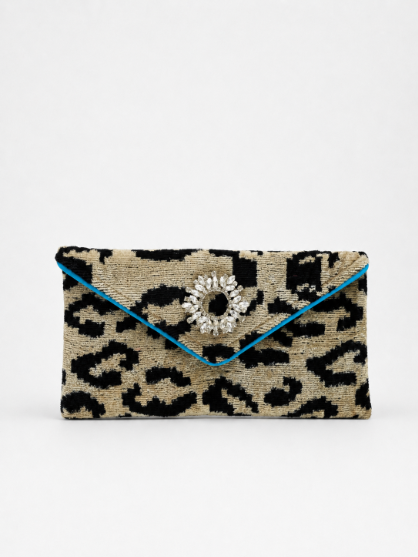 Cream Leopard with Teal Piping Lily Cocktail Clutch