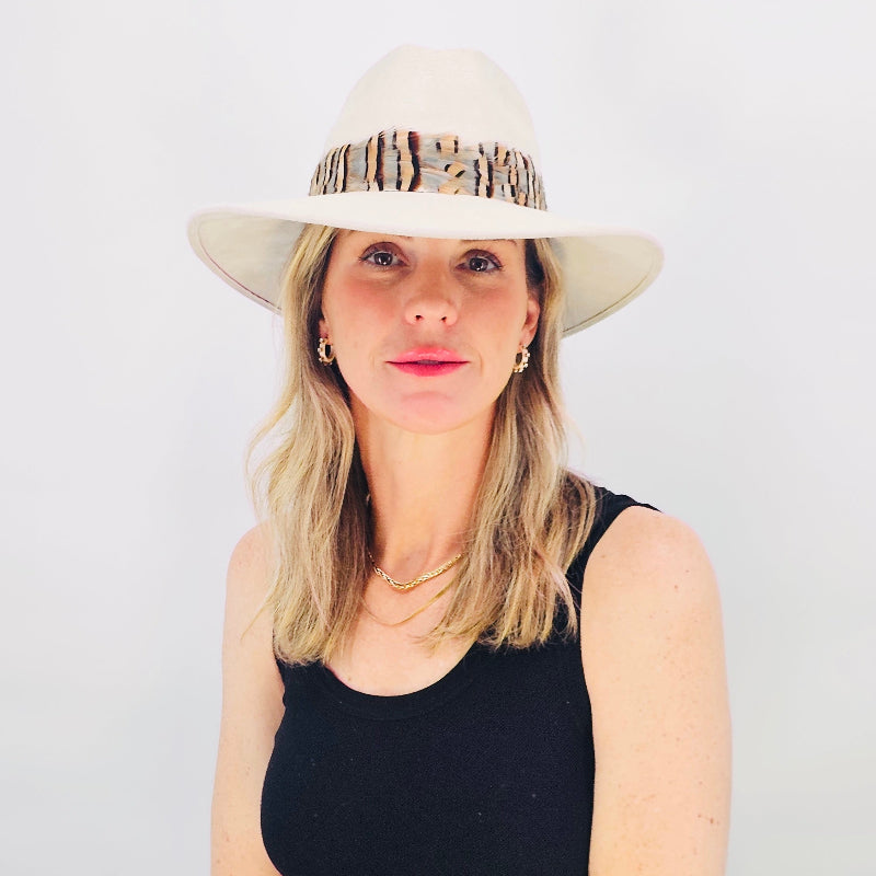Cream Suede Hat with Grey Striped Feather