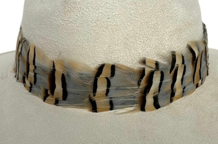Cream Suede Hat with Grey Striped Feather