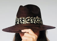 Chocolate Suede Hat with Brown and White Feather
