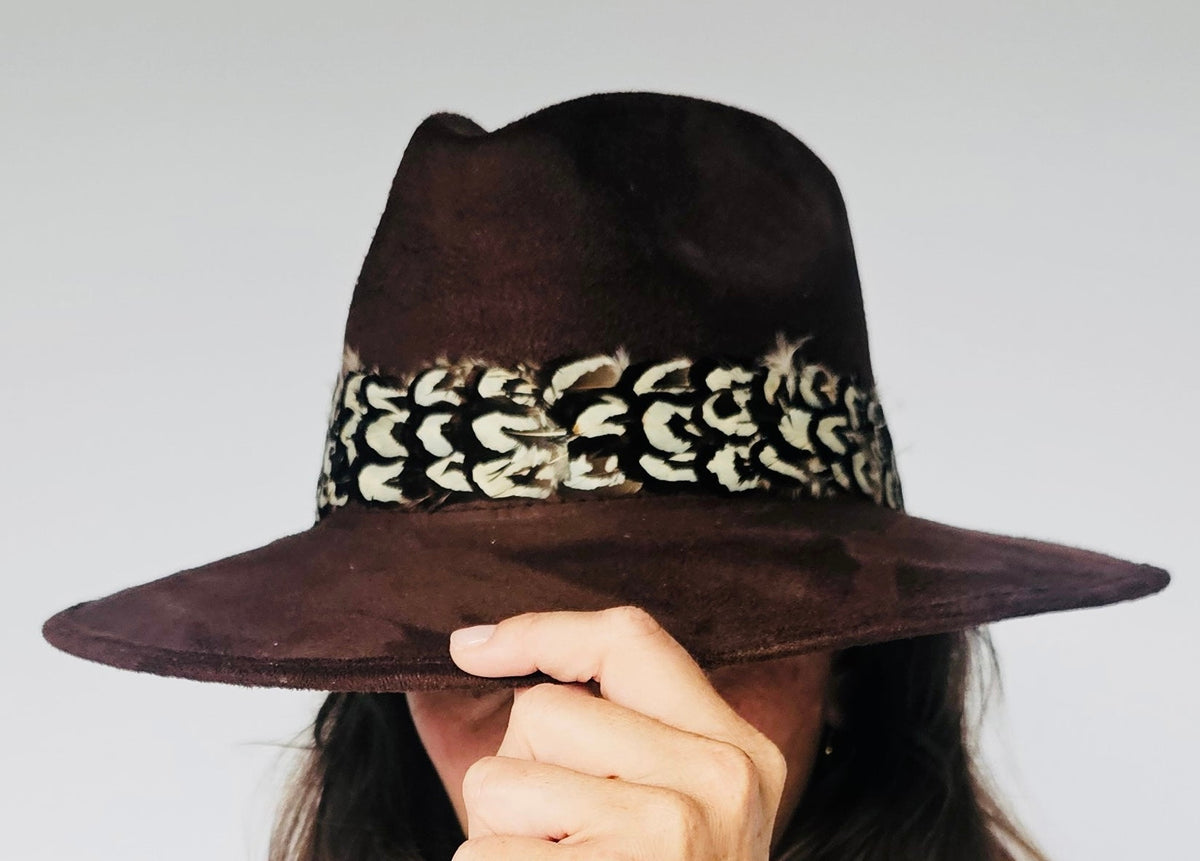 Chocolate Suede Hat with Brown and White Feather