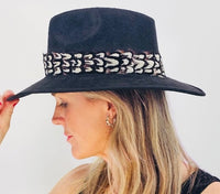 Black Suede Hat with Brown and White Feather