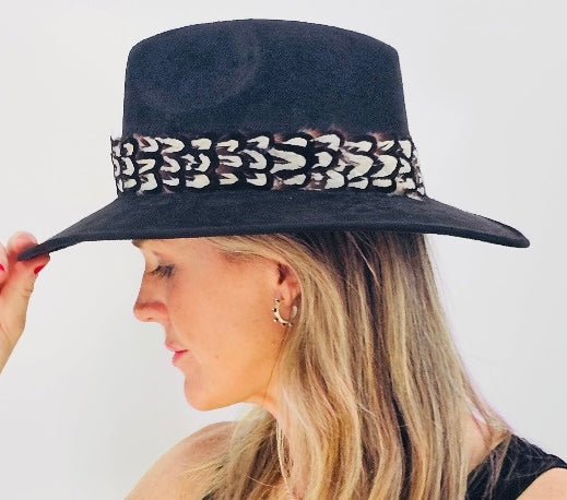 Black Suede Hat with Brown and White Feather