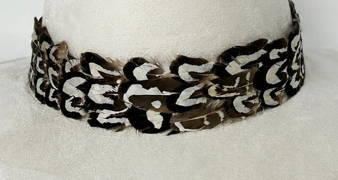 Cream Suede Hat with Brown and White Feather
