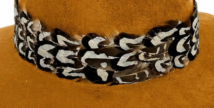 Light Brown Suede Hat with Brown and White Feather