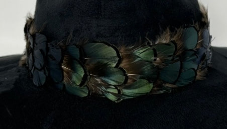 Black Suede Hat with Green Feather