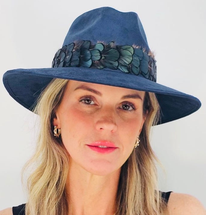 Navy Suede Hat with Green Feather
