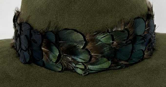 Olive Suede Hat with Green Feather