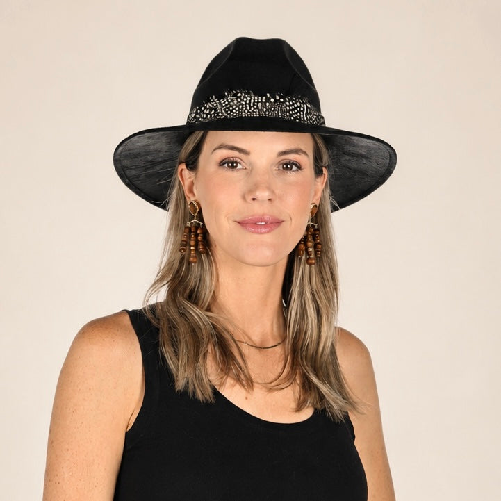Black Suede Hat with Black and White Dot Feather