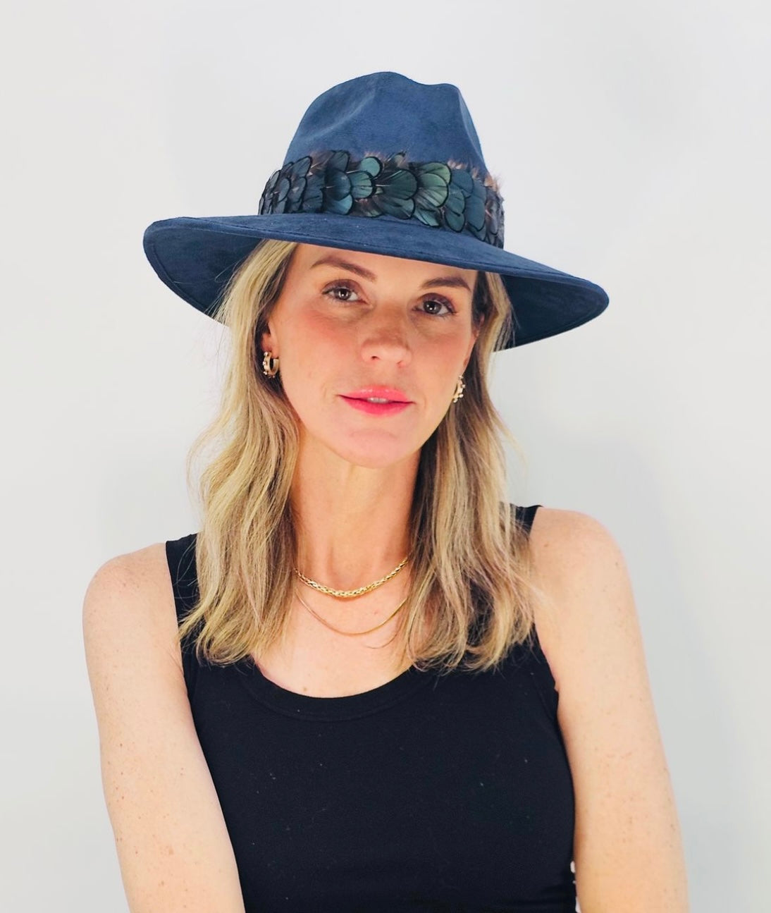 Navy Suede Hat with Green Feather