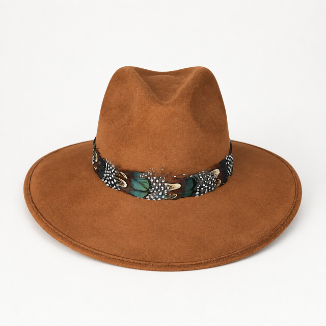 Light Brown Suede Hat with Multi-Color Mallard Feather