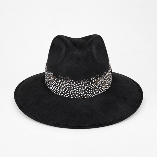 Black Suede Hat with Multi-Color Feather
