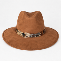 Light Brown Suede Hat with Brown Multi Color Feather