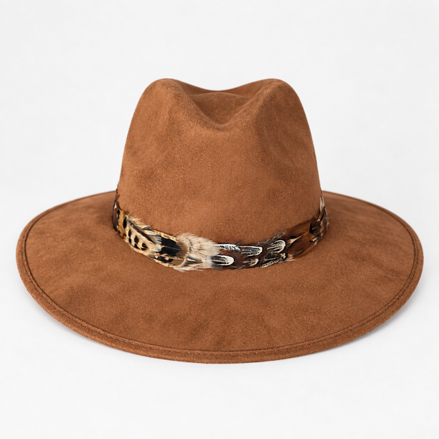 Light Brown Suede Hat with Brown Multi Color Feather
