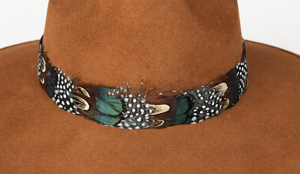 Light Brown Suede Hat with Multi-Color Mallard Feather