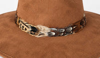 Light Brown Suede Hat with Brown Multi Color Feather