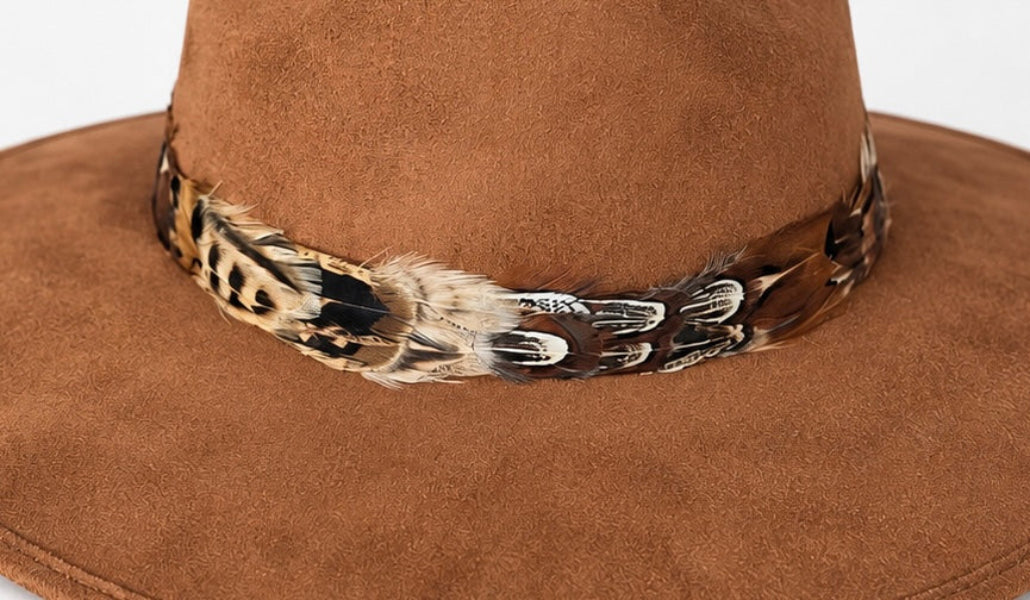 Light Brown Suede Hat with Brown Multi Color Feather