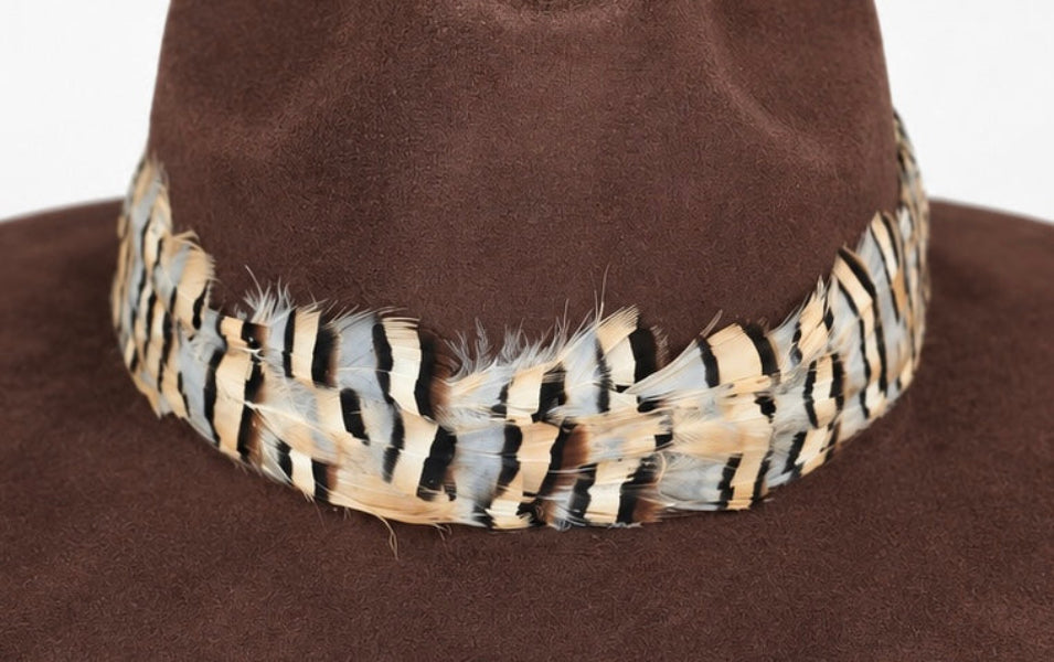 Chocolate Suede Hat with Grey Striped Feather