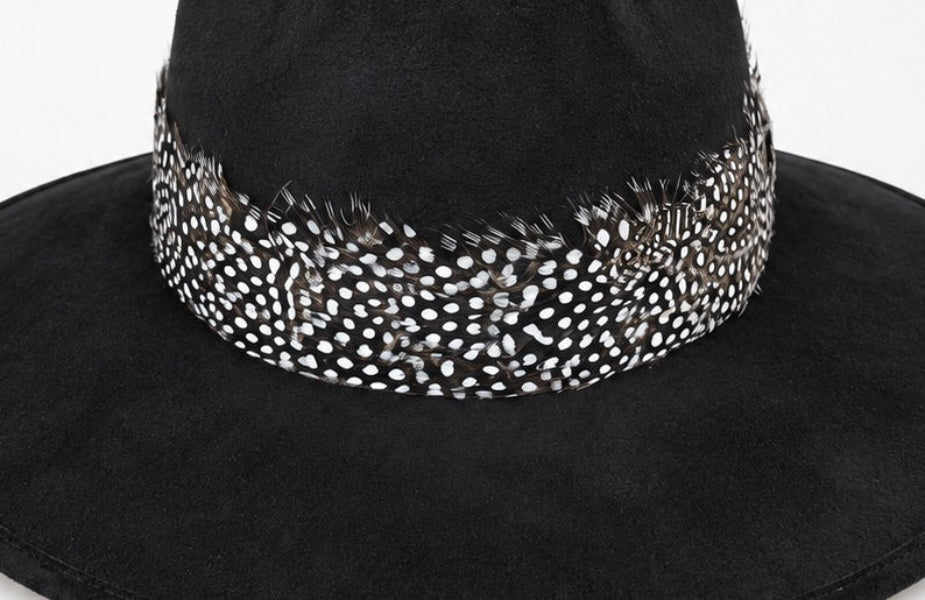 Black Suede Hat with Black and White Dot Feather
