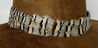 Light Brown Suede Hat with Grey Striped Feather