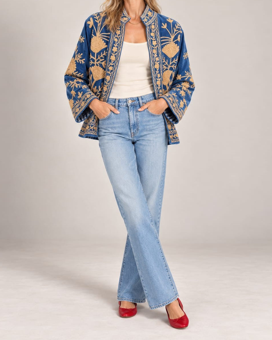Blue and Cream Velvet Embroidered Jacket