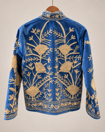 Blue and Cream Velvet Embroidered Jacket