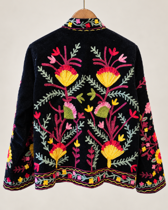 Black Multicolor Velvet Embroidered Jacket